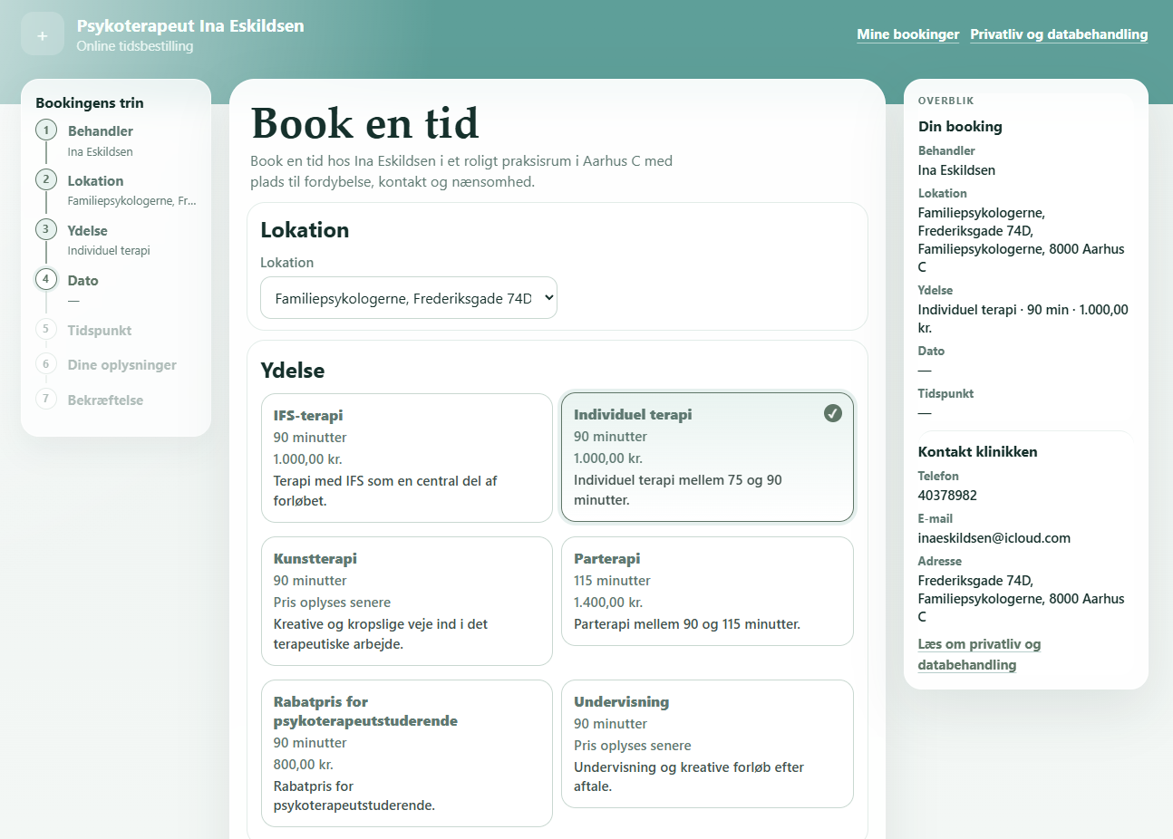 Vilos offentlige bookingside med valg af lokation og ydelse.